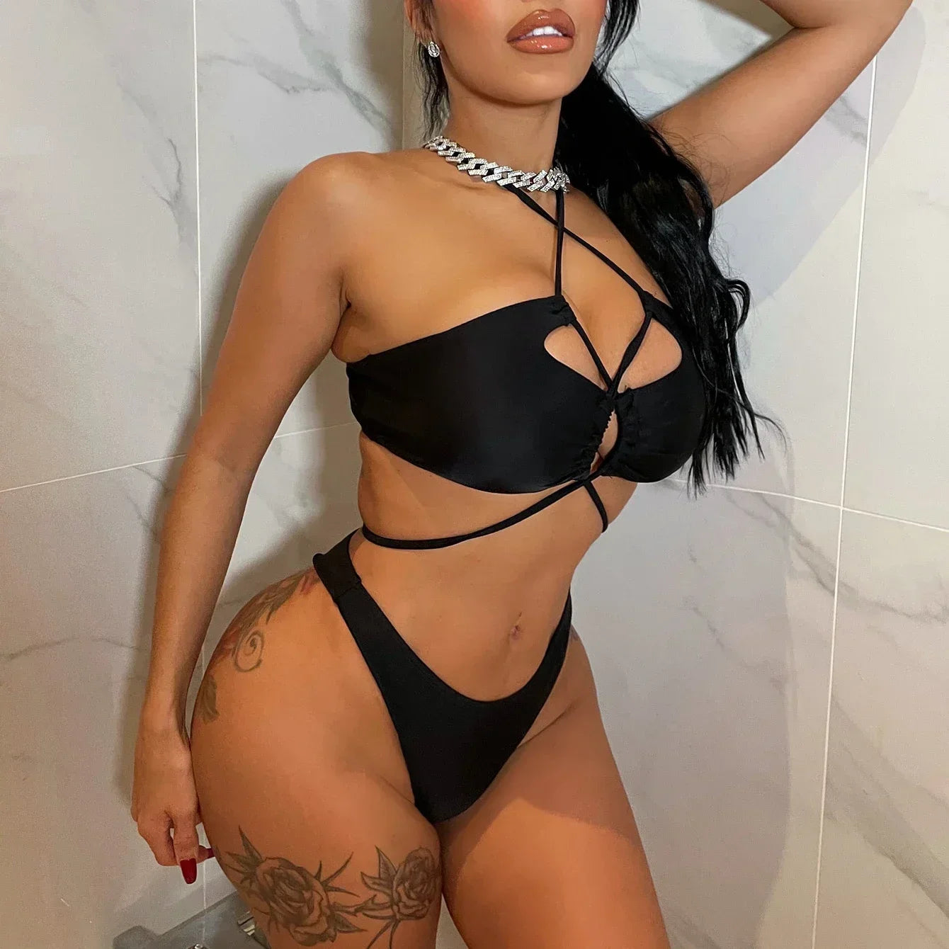 Bikini 2025 Sexy Swimwear Swimsuit Women Black Hollow Cross Straps Bikinis Set Bathing Suit Beach Bikini Female Banadores Mujer