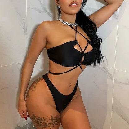 Bikini 2025 Sexy Swimwear Swimsuit Women Black Hollow Cross Straps Bikinis Set Bathing Suit Beach Bikini Female Banadores Mujer