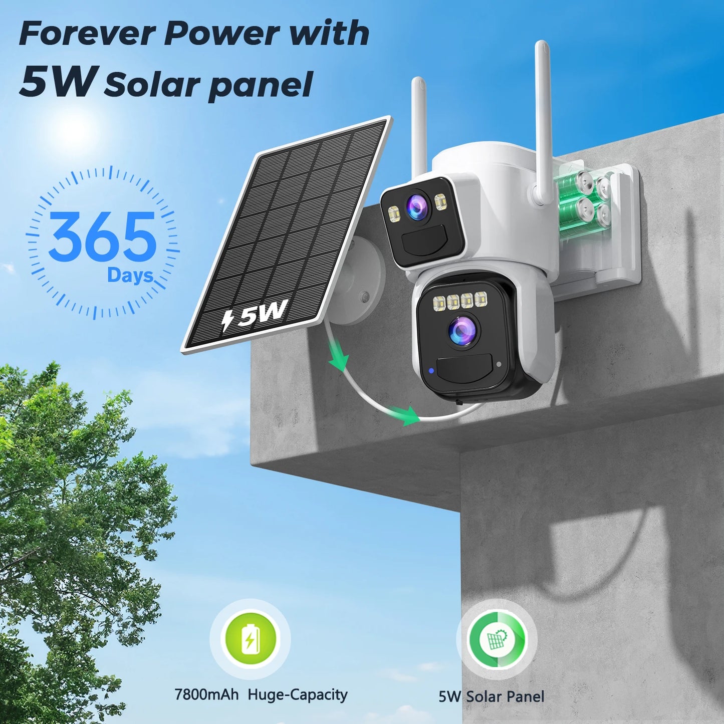 Cámara de seguridad exterior inalámbrica WiFi solar de 10 MP y 5K con doble lente, doble pantalla, seguimiento automático y zoom digital 5X. Incluye doble lente y doble pantalla.