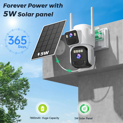 Cámara de seguridad exterior inalámbrica WiFi solar de 10 MP y 5K con doble lente, doble pantalla, seguimiento automático y zoom digital 5X. Incluye doble lente y doble pantalla.