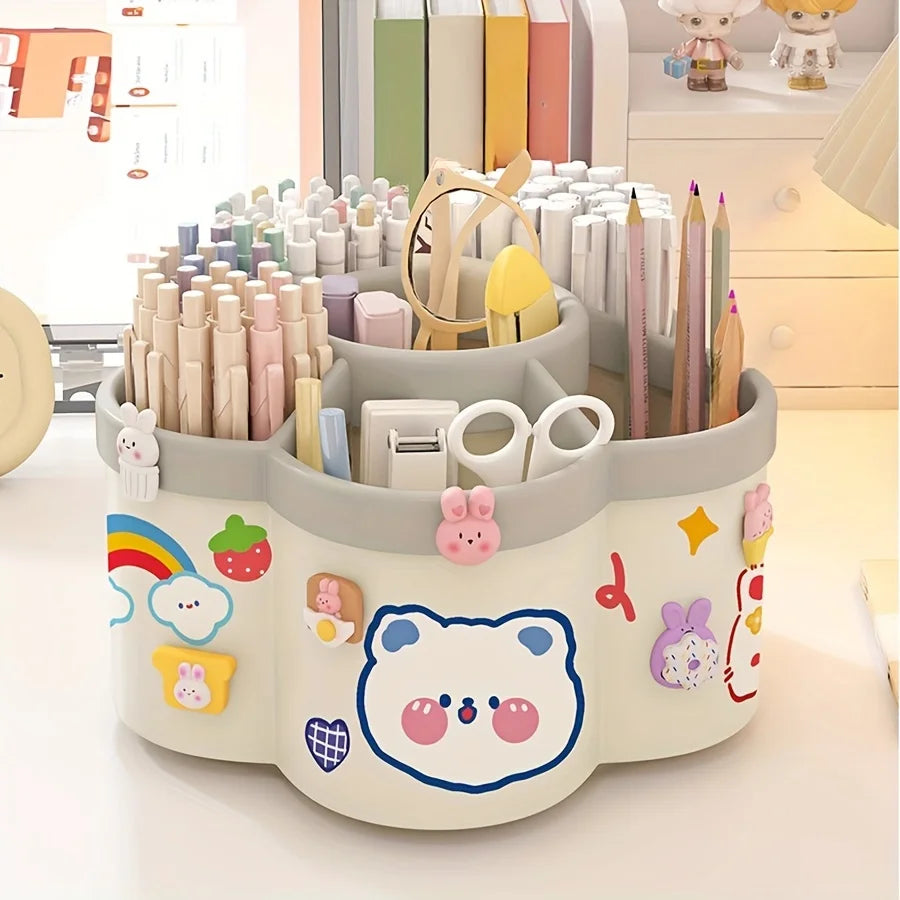 Organizador de escritorio giratorio con múltiples compartimentos, material PP duradero, ideal para organizar escritorios en dormitorios y oficinas.