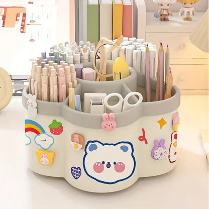 Organizador de escritorio giratorio con múltiples compartimentos, material PP duradero, ideal para organizar escritorios en dormitorios y oficinas.