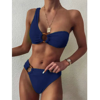 Traje de baño de bikini bandeau sexy con un solo hombro y aro de color puro, corte entallado, para mujer, conjunto de tankini de playa con borde cruzado