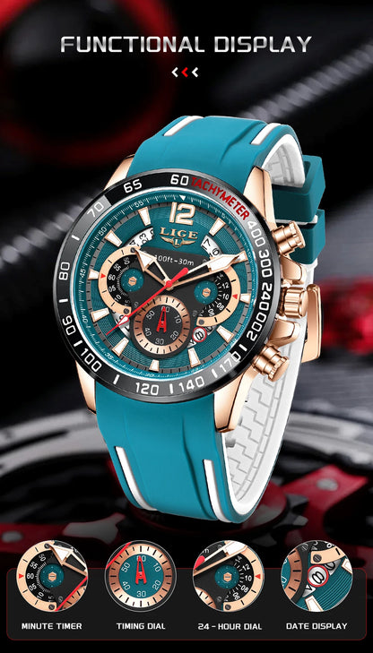 Reloj LIGE original para hombre, deportivo, de negocios, multifuncional, con calendario y código de tiempo, correa de silicona, reloj de cuarzo de marca de lujo para hombre