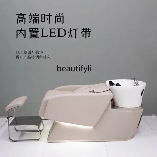 Cama de champú con masaje automático para barbería, lavabo de cerámica con descarga.