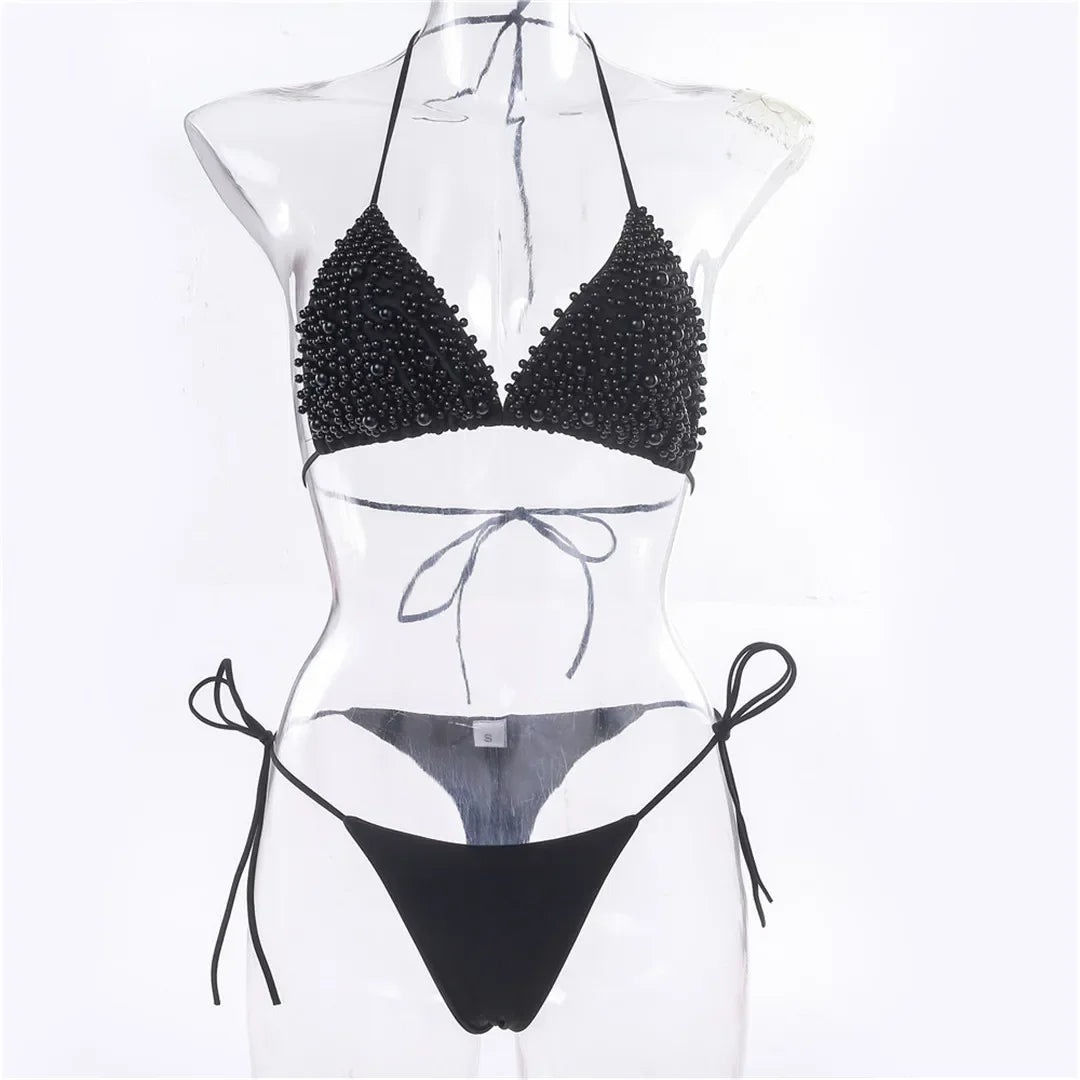 Bikini de lujo con perlas y escote halter, mini bikinis, micro bikinis, traje de baño femenino, conjunto de bikini de dos piezas, traje de baño para mujer