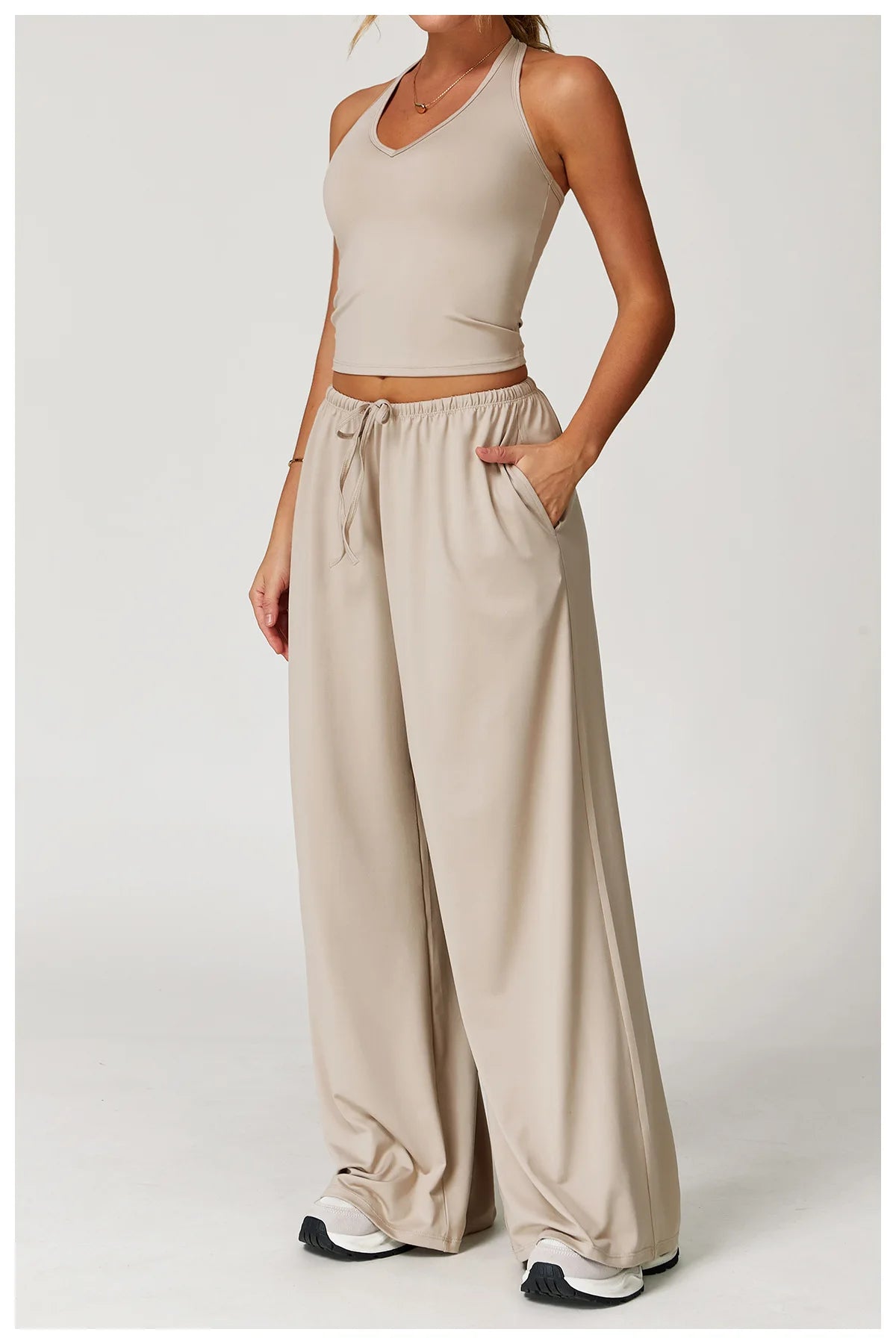 Pantalones de yoga de cintura alta para mujer, pantalones casuales holgados de pierna ancha, pantalones deportivos para mujer, pantalones para correr y fitness con cordón elástico