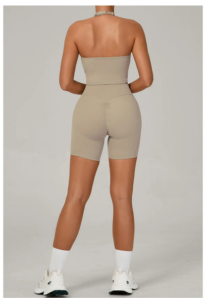 Ctenkevet - Conjunto de 2 piezas de sujetador halter sin espalda para mujer, ropa deportiva de secado rápido para gimnasio, conjunto deportivo femenino de dos piezas con pantalones cortos