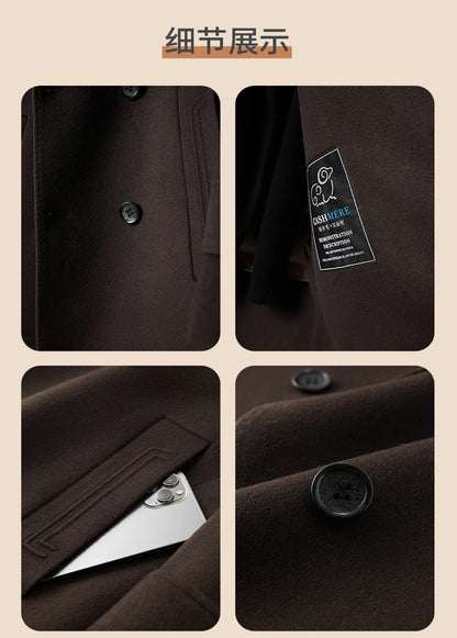 Abrigo de lana de doble faz para hombre, suave y cálido, ideal como prenda esencial. Incluye chaleco de plumas y forro. Color negro café. Estilo clásico.