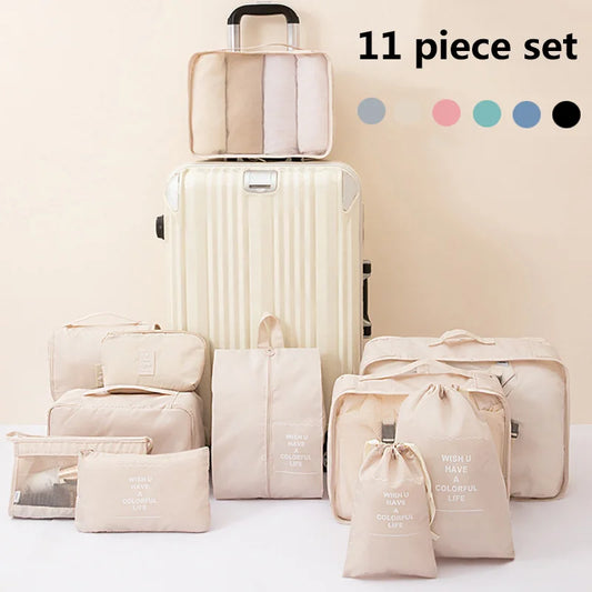 Juego de 11 bolsas organizadoras de viaje plegables, bolsas de almacenamiento, maletas, cubos de embalaje, estuches portátiles para ropa interior, zapatos, artículos de tocador