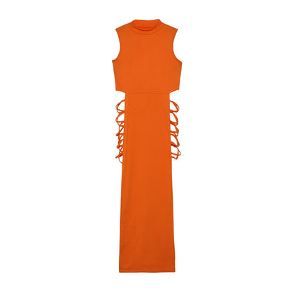 Vestido con cortes cruzados, sexy, ajustado, sin mangas y cuello alto, ropa de mujer