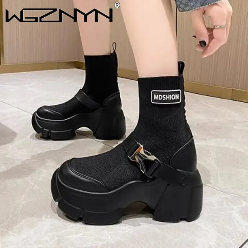 Botines de plataforma alta de 8 cm para mujer, botas cortas con suela gruesa y suela gruesa, antideslizantes, para motocicleta, para otoño