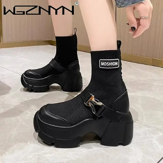 Botines de plataforma alta de 8 cm para mujer, botas cortas con suela gruesa y suela gruesa, antideslizantes, para motocicleta, para otoño