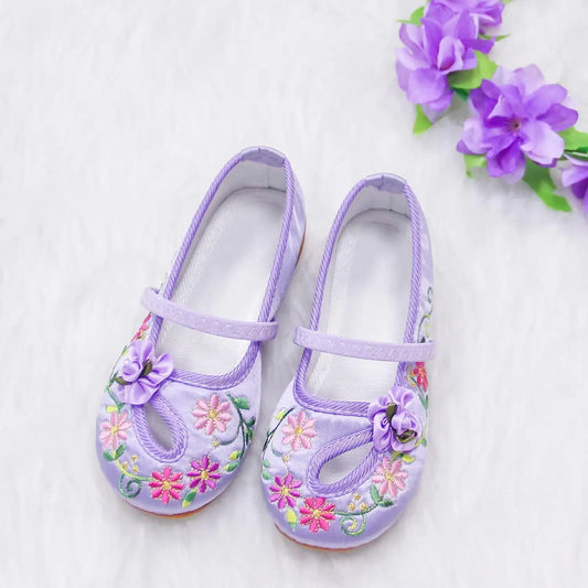 Zapatos planos con bordado floral para niñas, estilo chino, cómodos, protectores para pies, talla 25-34