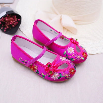 Zapatos planos con bordado floral para niñas, estilo chino, cómodos, protectores para pies, talla 25-34