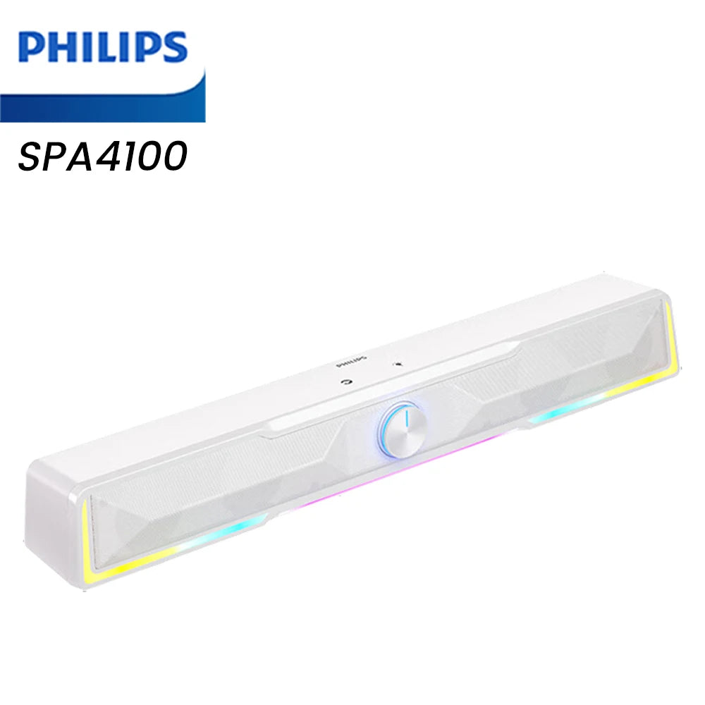 PHILIPS SPA4100 Sound King, diseño sencillo, unidad de diafragma de 52 mm, ambiente estéreo, con tiras de luz RGB y perillas independientes