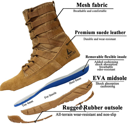 Botas tácticas de combate LAHORS de piel de ante ligera para hombre, ideales para senderismo al aire libre, estilo militar del desierto, transpirables, hasta el tobillo, fabricadas en material sintético.