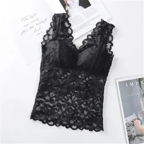 Camiseta de tirantes de encaje de talla grande para mujer, de longitud media, estilo fino de verano con almohadilla para el pecho, capa base, ropa interior exterior