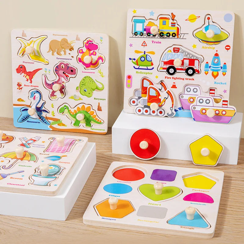 Rompecabezas de madera Montessori, juguetes para niños, dibujos animados de animales, tráfico, tableros de agarre, juguetes educativos de aprendizaje temprano para niños.