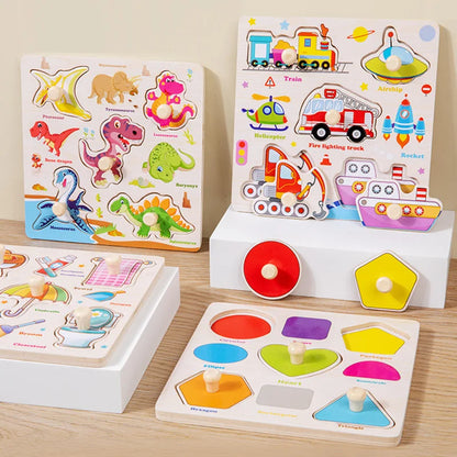 Rompecabezas de madera Montessori, juguetes para niños, dibujos animados de animales, tráfico, tableros de agarre, juguetes educativos de aprendizaje temprano para niños.