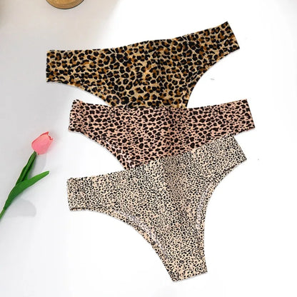 WarmSteps - Conjunto de 3 tangas sexys de leopardo para mujer, ropa interior femenina sin costuras, bragas estampadas de seda helada, 2024