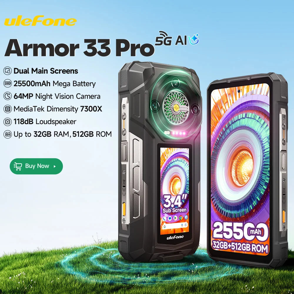 【Estreno mundial】Ulefone Armor 33 Pro 5G Teléfono resistente con batería de 25500 mAh, 512 GB de ROM, pantalla trasera de 6,59" y 3,4" a 120 Hz, NFC y Android.
