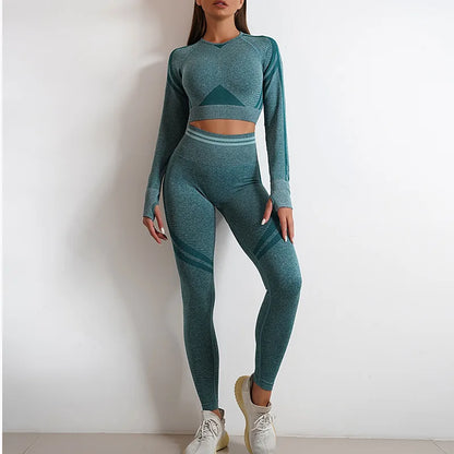 Conjuntos de ropa deportiva de media pieza sin costuras para mujer, conjuntos de gimnasio de manga larga, sujetador deportivo de yoga, leggings push up y mallas deportivas.
