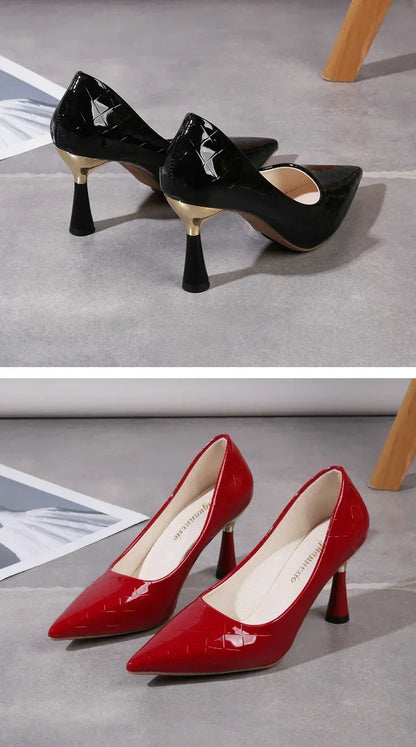 Zapatos Mujer 2024 Tendencia Nuevo Verano Tacones Rojos Elegante Mujer Tacón Negro Punta Puntiaguda Zapatos de Vestir Cuero Blanco Zapatos de Dama