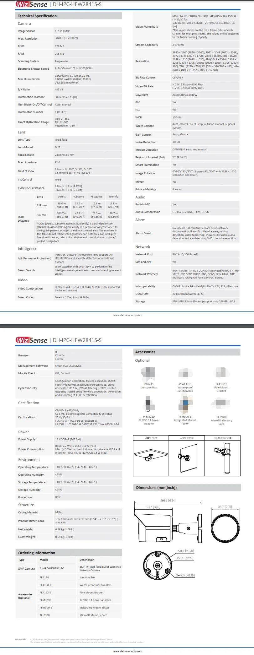 Cámara IP tipo bala Dahua de 8 MP, 4K, IPC-HFW2841S-S, 4 MP, IPC-HFW2441S-S. PoE, IR, micrófono integrado, ranura para tarjeta SD. Sistema de videovigilancia WizSense.