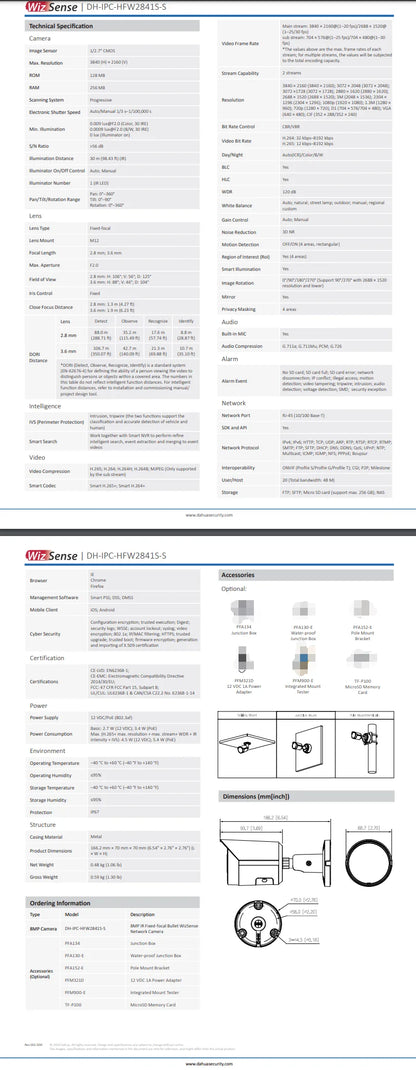 Cámara IP tipo bala Dahua de 8 MP, 4K, IPC-HFW2841S-S, 4 MP, IPC-HFW2441S-S. PoE, IR, micrófono integrado, ranura para tarjeta SD. Sistema de videovigilancia WizSense.