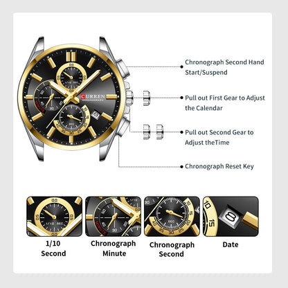 CURREN - Reloj cronógrafo de acero inoxidable para hombre con manecillas luminosas, tres subesferas, fecha automática, diseño moderno, de cuarzo