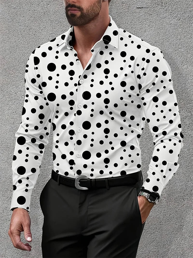 Camisa de hombre de moda, con lunares, solapa abotonada, estilo hawaiano veraniego, ideal para la ciudad o las vacaciones. Manga larga.
