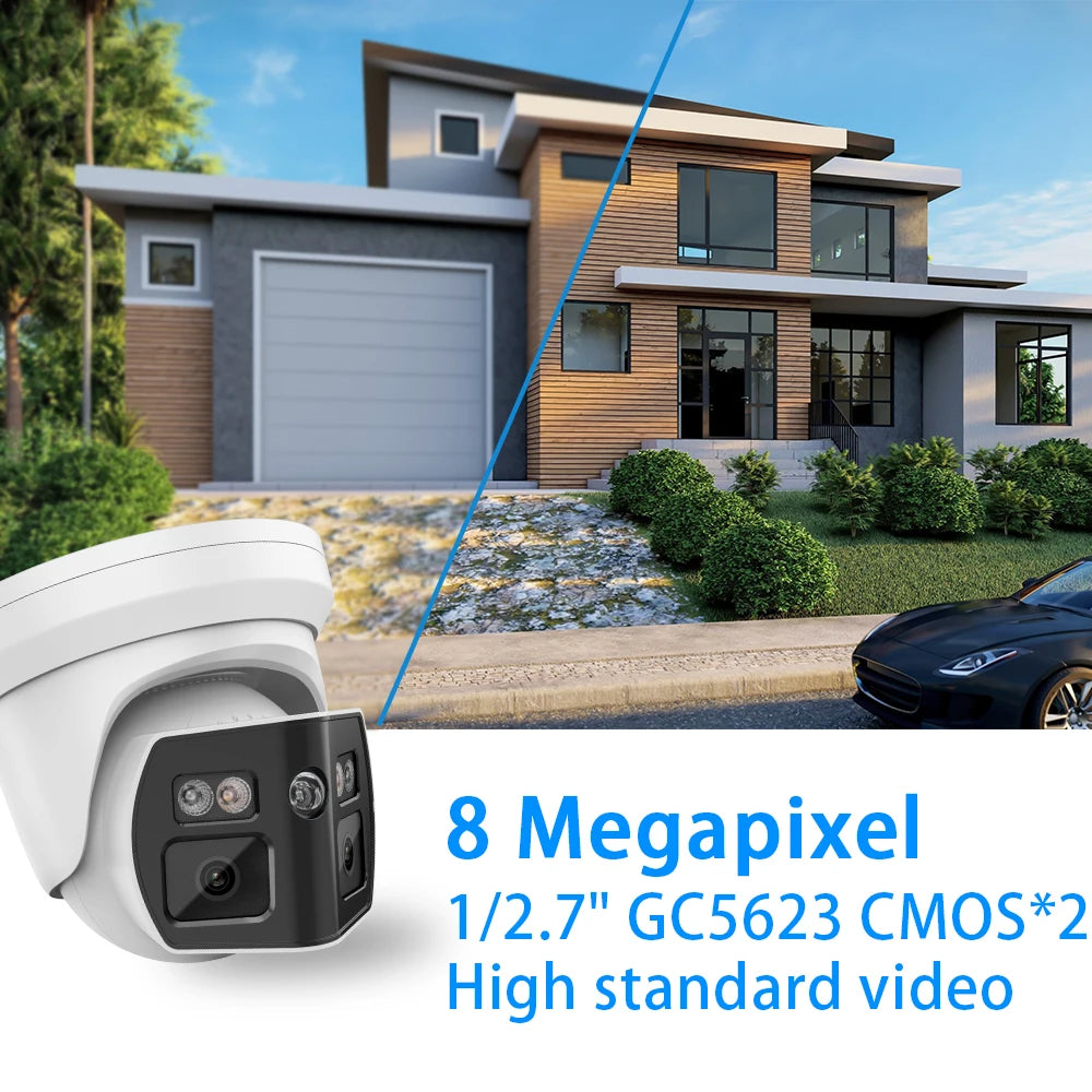 Cámara IP panorámica VIKYLIN compatible con Hikvision, 8 MP, 2 lentes, audio bidireccional, alarma MD2.0, videovigilancia exterior.