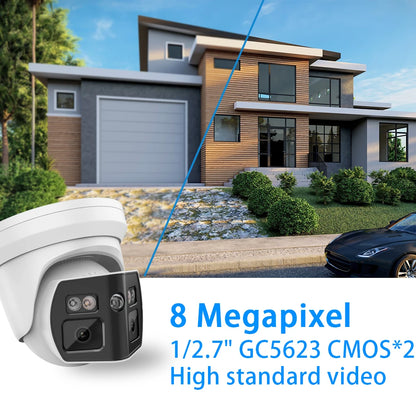 Cámara IP panorámica VIKYLIN compatible con Hikvision, 8 MP, 2 lentes, audio bidireccional, alarma MD2.0, videovigilancia exterior.