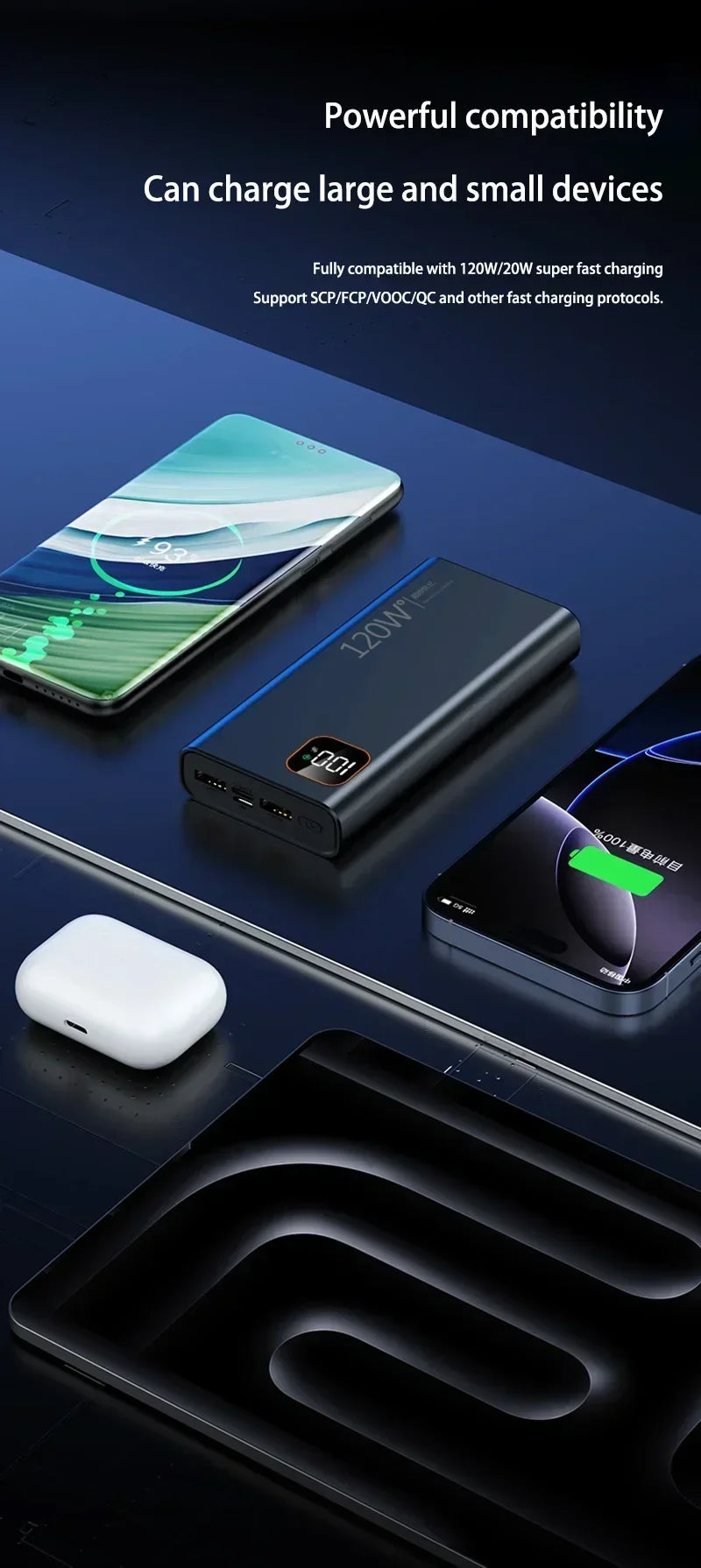 Batería externa portátil Xiaomi de 500.000 mAh y 120 W con carga ultrarrápida y gran capacidad, con pantalla digital para iPhone y Huawei.