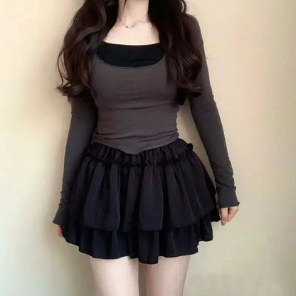 Falda blanca con volantes Kawaii de verano para mujer, minifaldas de gasa ajustadas a la moda Y2K, elásticas, de cintura alta y color negro