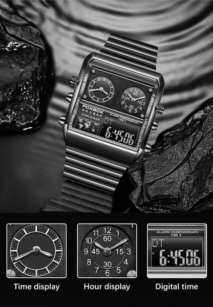 LIGE - Nuevo reloj para hombre, cuadrado, luminoso, deportivo, correa de acero inoxidable, doble pantalla, reloj de pulsera de cuarzo, reloj militar resistente al agua