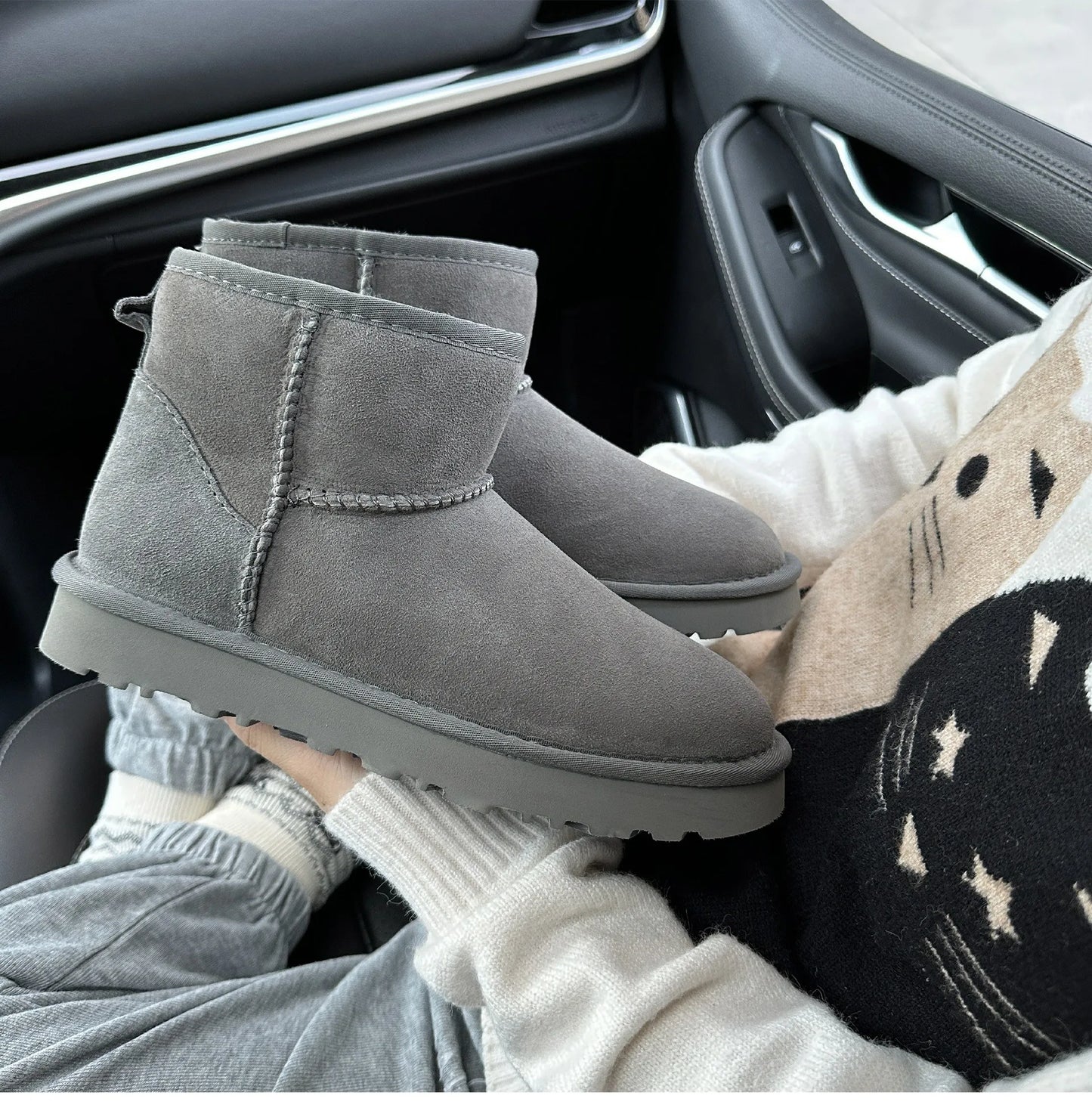 Botas de nieve integradas de piel de oveja y lana para hombres y mujeres, cuero auténtico y piel, botas de invierno gruesas y cálidas para mujer.