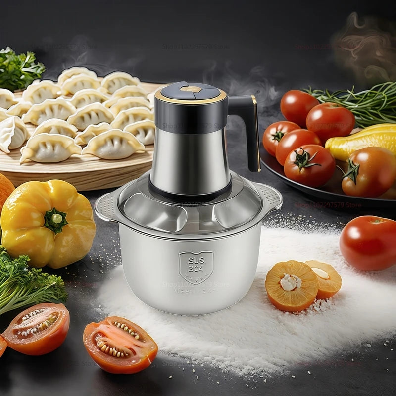 Picadora de carne eléctrica de 5 l, trituradora de alimentos, cortadora de verduras multifunción de acero inoxidable, procesadora, picadora, licuadora de cocina