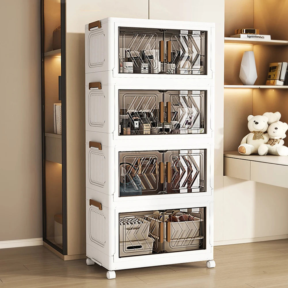 Contenedores de almacenamiento apilables de 4 niveles con puertas y ruedas, cajón organizador plegable para sala de estar, dormitorio y oficina.
