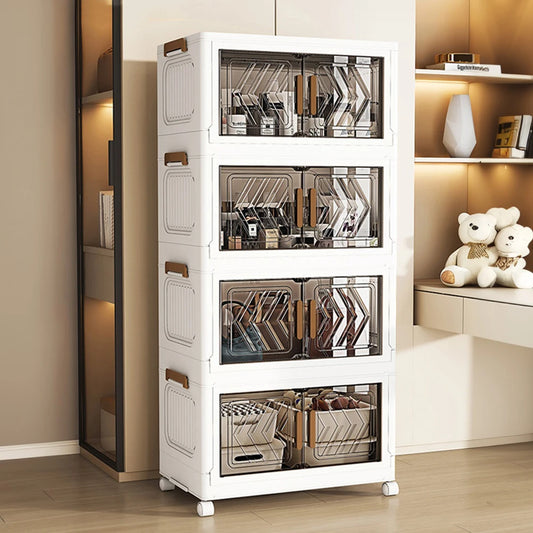 Contenedores de almacenamiento apilables de 4 niveles con puertas y ruedas, cajón organizador plegable para sala de estar, dormitorio y oficina.