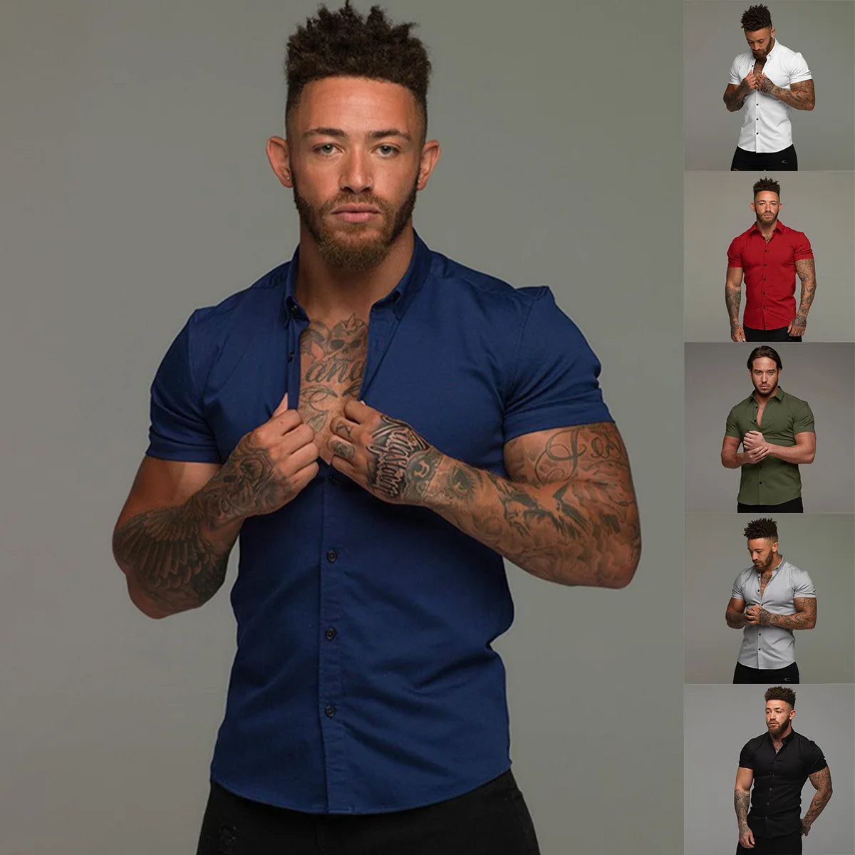 Camisas de vestir ajustadas para hombre, estilo casual de verano, con cuello vuelto, manga corta y botones LXDZ-110
