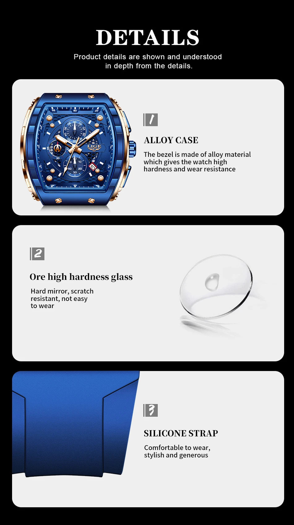 Relojes LIGE de primera marca para hombre, reloj de pulsera de cuarzo cuadrado de lujo, reloj cronógrafo luminoso resistente al agua para hombre, reloj con fecha