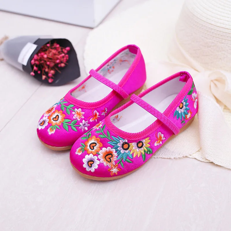 Zapatos planos con bordado floral para niñas, estilo chino, cómodos, protectores para pies, talla 25-34