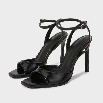 Elegantes zapatos de tacón alto con correa al tobillo para mujer, punta cuadrada, ideales para fiestas, vestir o para la oficina. Sandalias de diseño sexy y caladas, de marca.