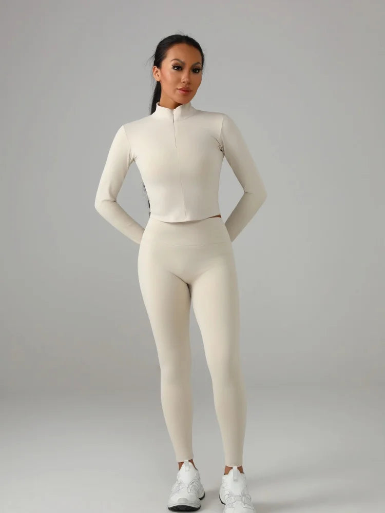 Conjunto deportivo de color liso para mujer: camiseta de manga larga y pantalón de yoga, chándal transpirable de secado rápido.