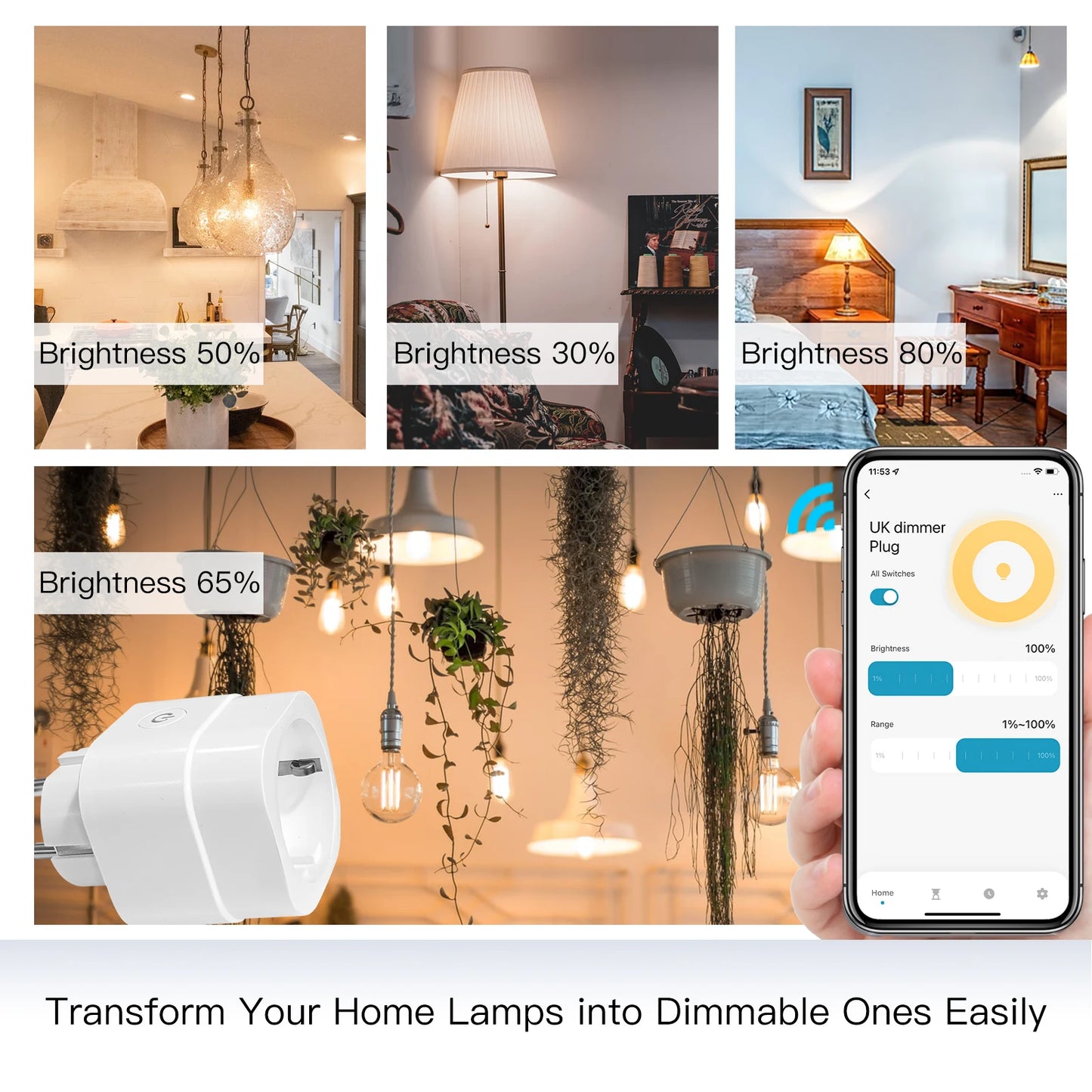 Enchufe inteligente MOES WiFi con ajuste de brillo y temporizador, compatible con la aplicación Tuya Smart Life y control por voz de Alexa y Google (UE/RU/EE. UU.).