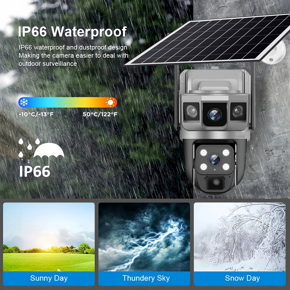 Cámara solar exterior V380Pro de 12 MP con IP 4G/WiFi, visión nocturna HD, seguimiento PTZ, detección de movimiento PIR y seguridad para el hogar (CCTV inteligente).