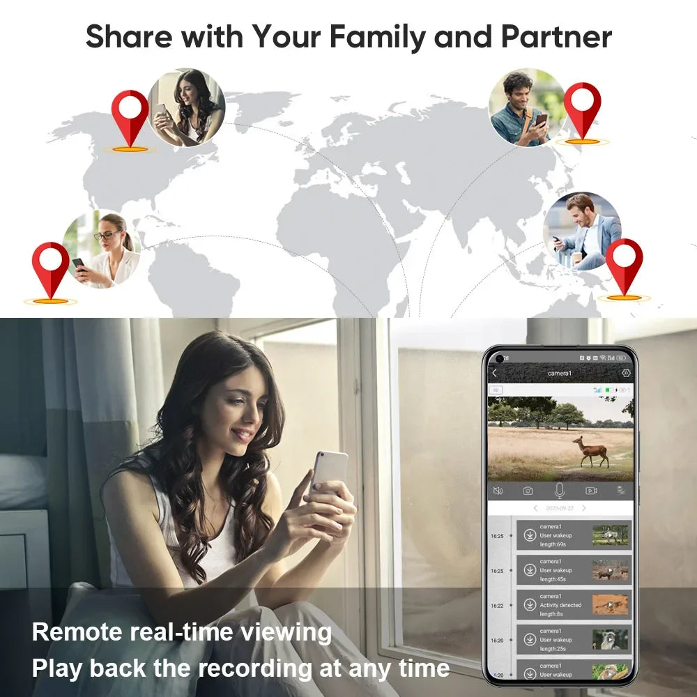 1/2 cámara de rastreo celular UCon 4G 2K con energía solar, activación por movimiento (0,2 s), visión nocturna.