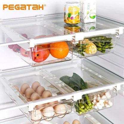 Organizador de refrigerador transparente, caja de almacenamiento para huevos de frutas, cajón debajo del estante, organizador de cocina para mantener la frescura.